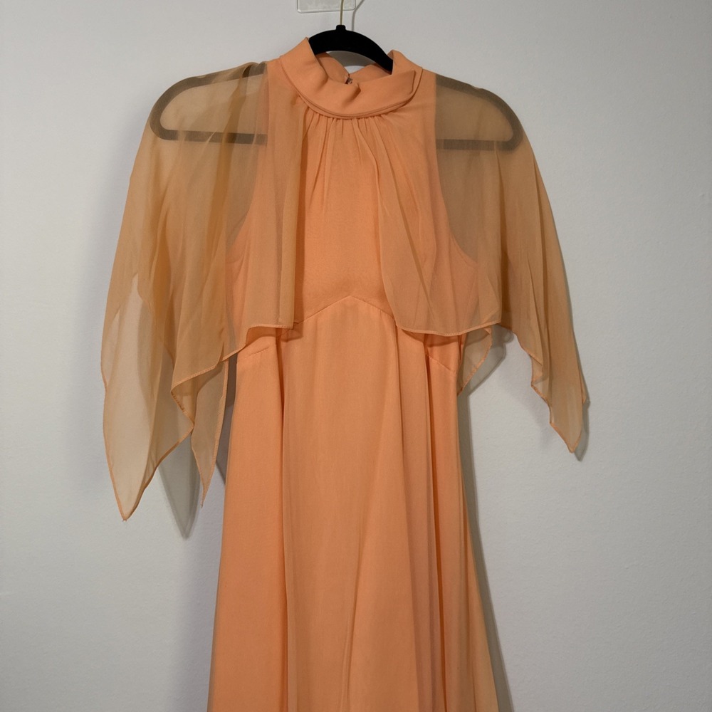 Vtg 60s 70s dress womens Gown Orange Mod Hippie Handmade Chiffon Boho Formal S *